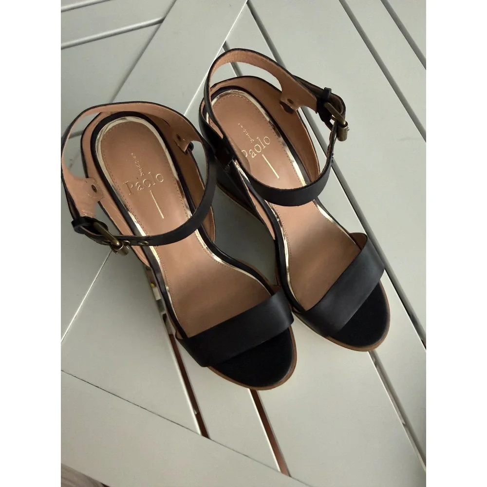 Linea Paolo Ella Womens Black Leather Wedge Sandals Ankle Strap Shoes